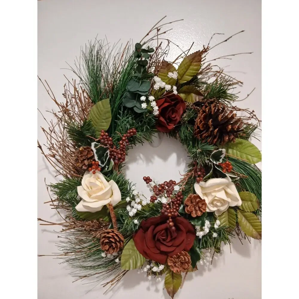 Winter Door Wreath Elegant Victorian ROSES Holiday Decor Christmas Arrangement‎